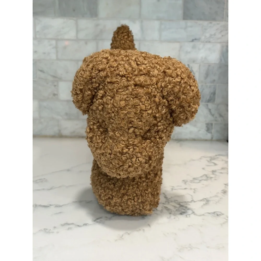 Pottery Barn Cozy Teddy Dog with Bell Faux Fur Pillow Camel Brown Sherpa NWT